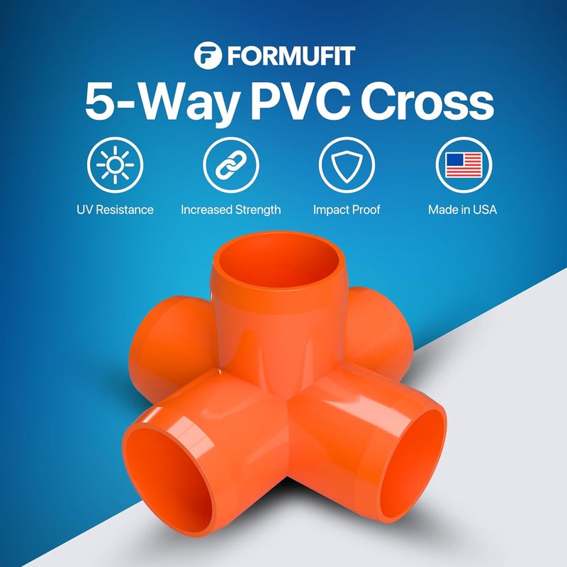 FORMUFIT 1/2" 5-Way Cross Furniture Grade PVC Fitting in Orange, Made in USA, UV-Resistant, Impact-Proof, 0.840” Actual Socket Diameter (Pack of 10) - F0125WC-OR-10 - Image 2
