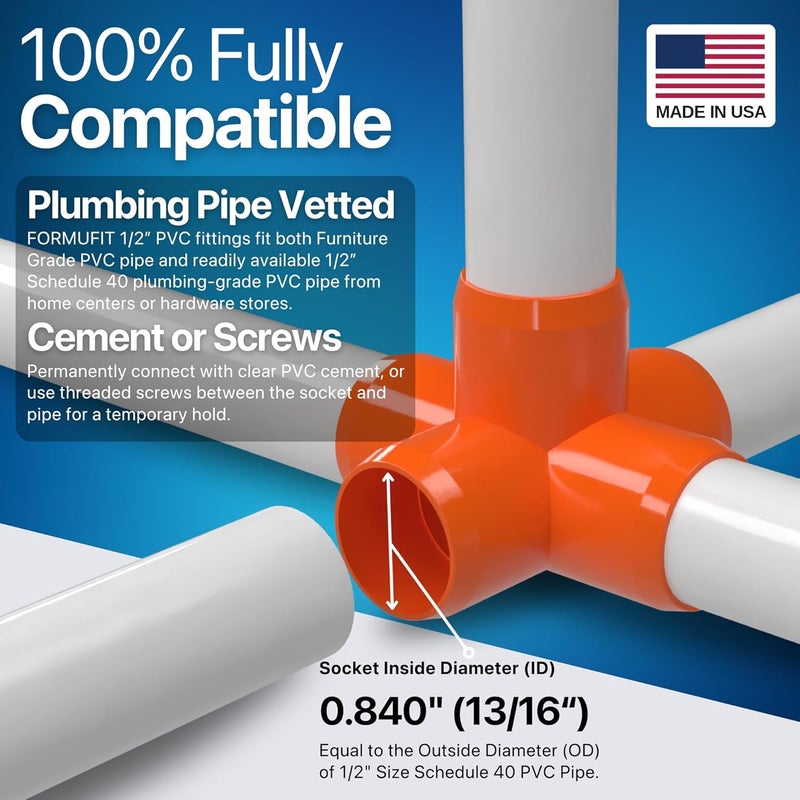 FORMUFIT 1/2" 5-Way Cross Furniture Grade PVC Fitting in Orange, Made in USA, UV-Resistant, Impact-Proof, 0.840” Actual Socket Diameter (Pack of 10) - F0125WC-OR-10 - Image 5
