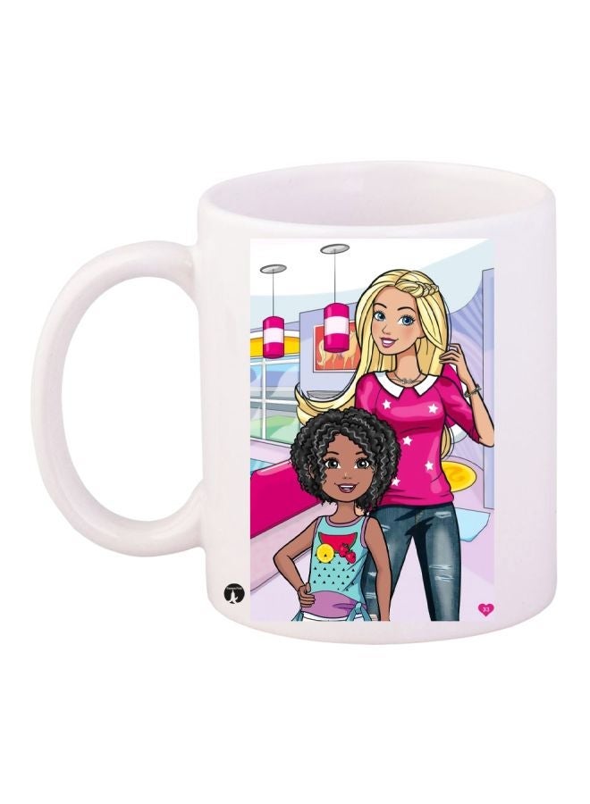 RYN Cartoon Girls Printed Coffee Mug White/Pink/Brown 11ounce