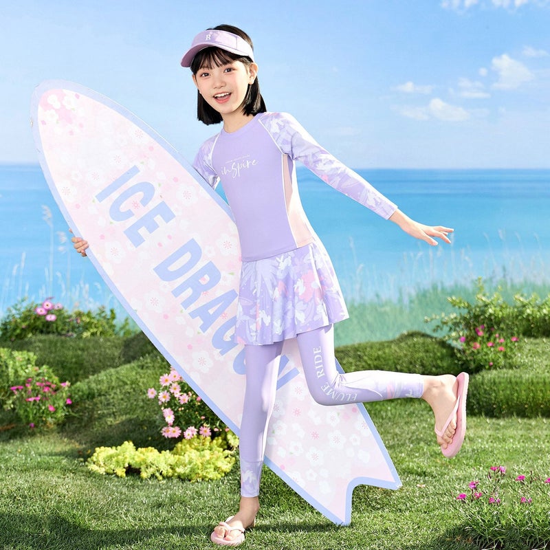 Youyue Girls' Long Sleeve Long Pants Swimwear Set - High Elasticity Quick-Dry Three-Piece Swimsuit for Kids