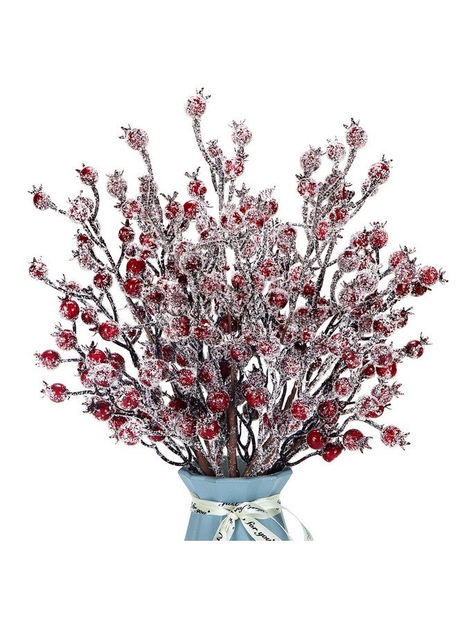 Kunjocy 4 Pieces Artificial Red Berry Stems Christmas Frosted Berries Branches Twigs Snowy Berry Picks Holly Sprays for Christmas Tree Vase Fillers Decorations Winter Holiday Arrangement Home Decor (4, Red)  - Image 1