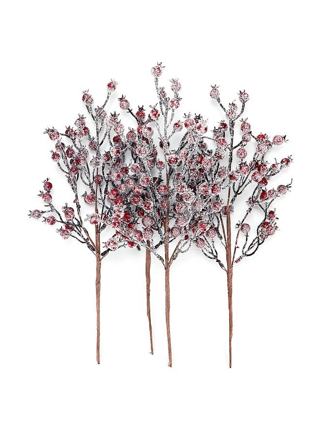 Kunjocy 4 Pieces Artificial Red Berry Stems Christmas Frosted Berries Branches Twigs Snowy Berry Picks Holly Sprays for Christmas Tree Vase Fillers Decorations Winter Holiday Arrangement Home Decor (4, Red)  - Image 3