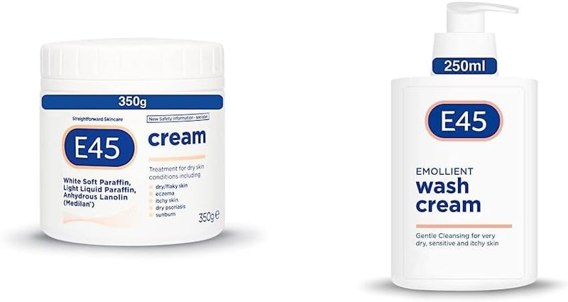 E45 Cream 350 g E45 Cream for Dry Irritated Skin Moisturiser to Soothe Dry Sensitive Skin Cream Body Wash 250 ml Dermatological Emollient Wash Cream Soap Free Emollient Cream Body Wash