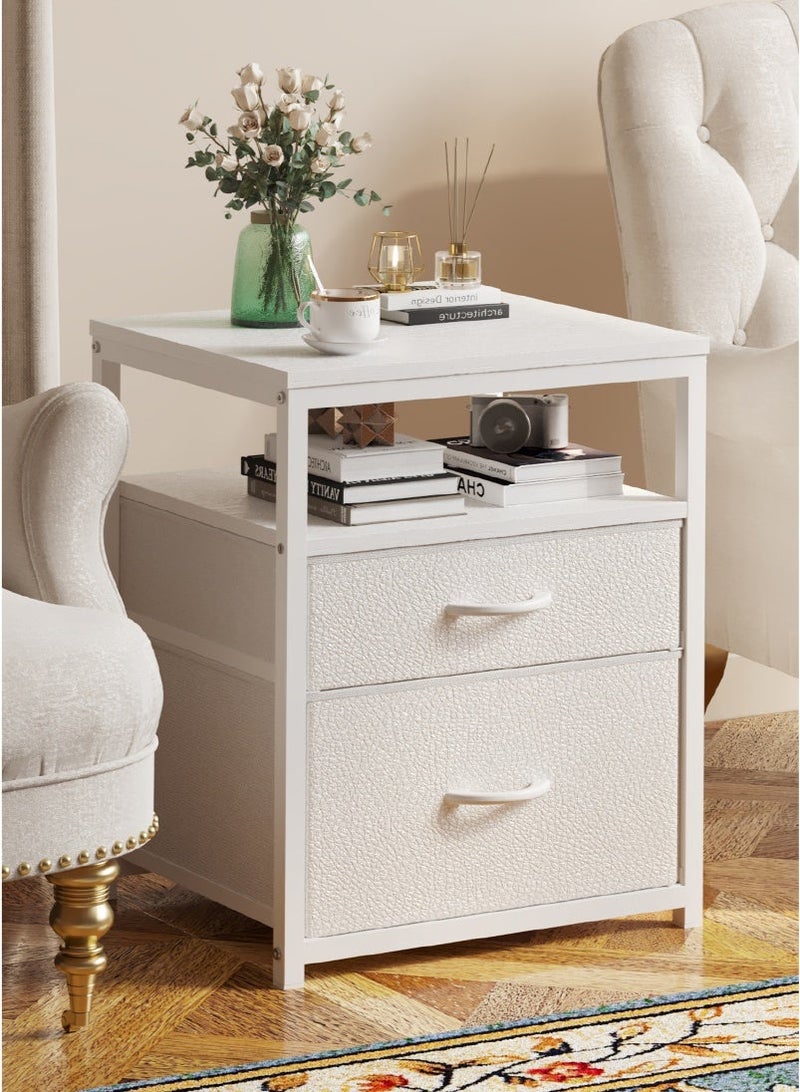 Bedside Table, Nightstand with 2 Fabric Drawers, and 1 Open Shelf, Wooden Top and Metal Frame, Side Table for Living Room and Bedroom, 3 Tier Bedside Nightstand