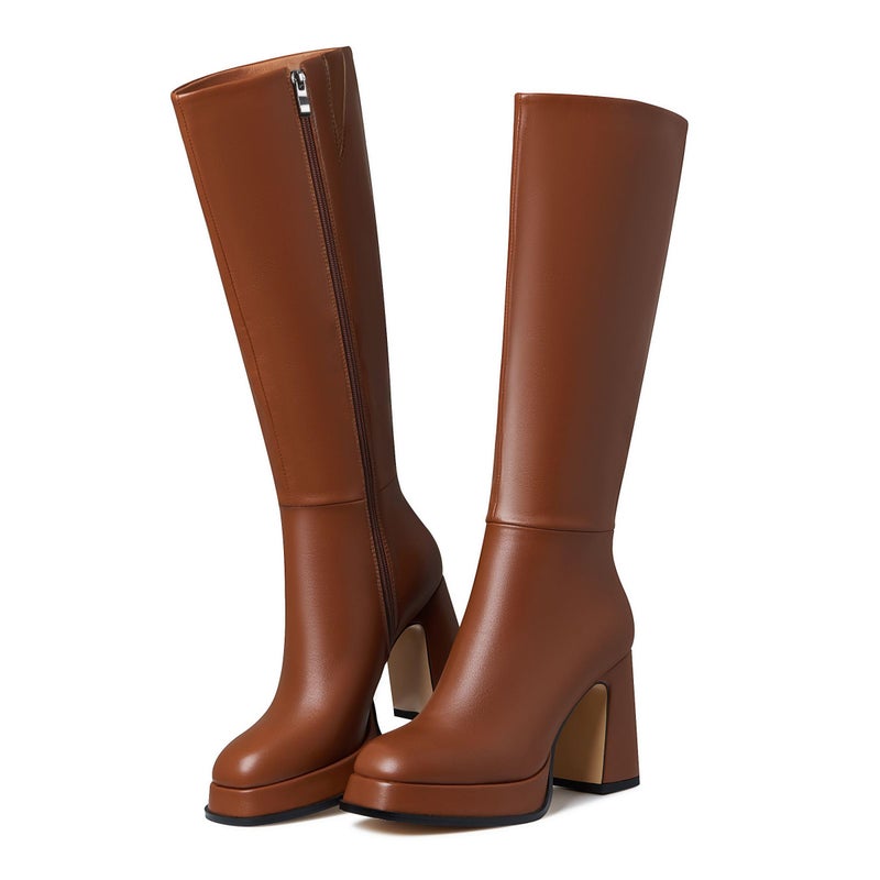 EQAUDES Knee High Boots Fall Boots for Women 2025 Brown Platform Chunky Heel Leather Square Toe Side Zipper - Image 1