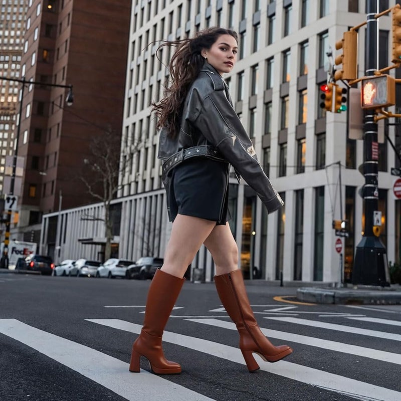 EQAUDES Knee High Boots Fall Boots for Women 2025 Brown Platform Chunky Heel Leather Square Toe Side Zipper - Image 2