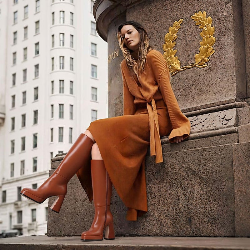 EQAUDES Knee High Boots Fall Boots for Women 2025 Brown Platform Chunky Heel Leather Square Toe Side Zipper - Image 3