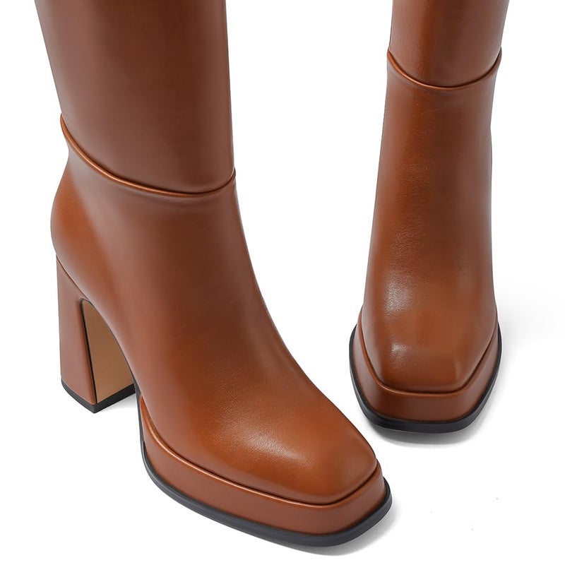 EQAUDES Knee High Boots Fall Boots for Women 2025 Brown Platform Chunky Heel Leather Square Toe Side Zipper - Image 5