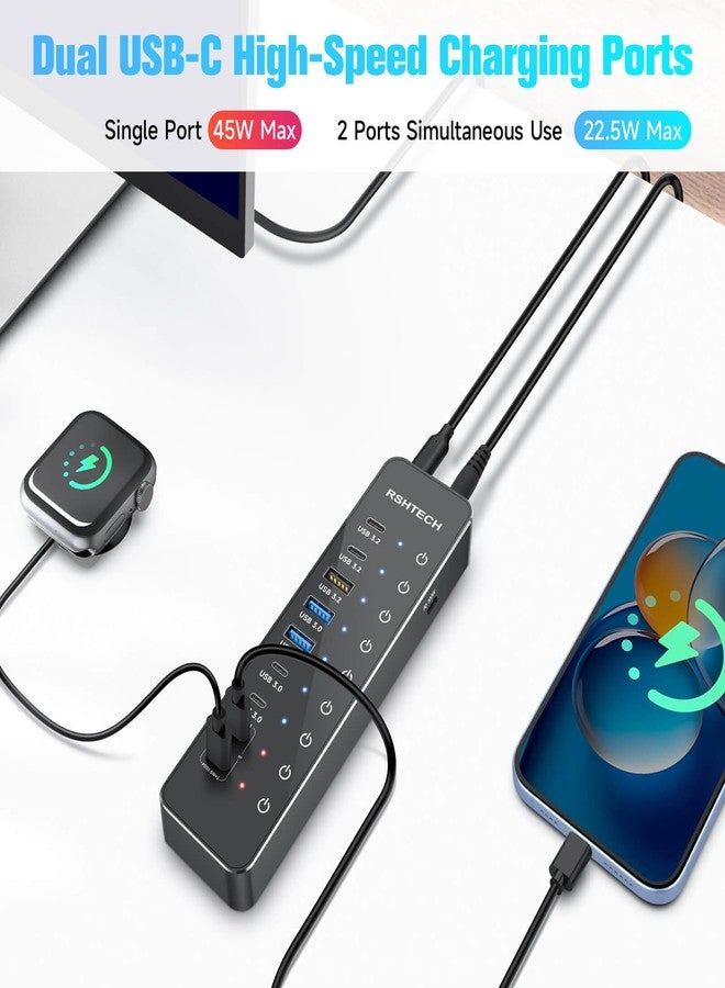 RSHTECH 10-Port Powered USB C Hub 66W with 3x10Gbps USB-3.2 Data Ports (2C + 1A), 4 USB 3.0 Ports (2C + 2A), 2 USB-C PD Fast Charging Ports and PD 100W, USB Expander Splitter for Laptop, RSH-ST10P - Image 4