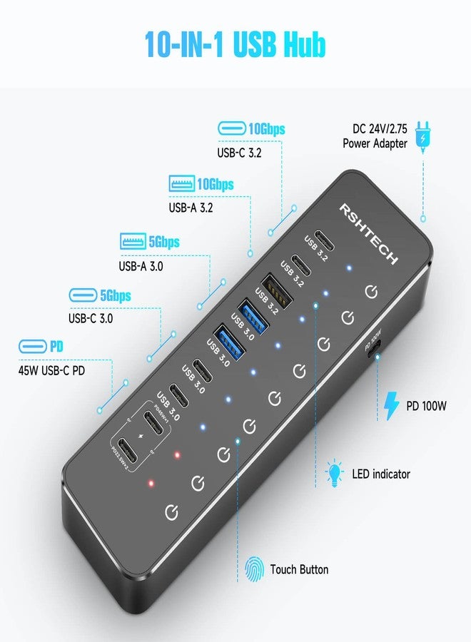 RSHTECH 10-Port Powered USB C Hub 66W with 3x10Gbps USB-3.2 Data Ports (2C + 1A), 4 USB 3.0 Ports (2C + 2A), 2 USB-C PD Fast Charging Ports and PD 100W, USB Expander Splitter for Laptop, RSH-ST10P - Image 2