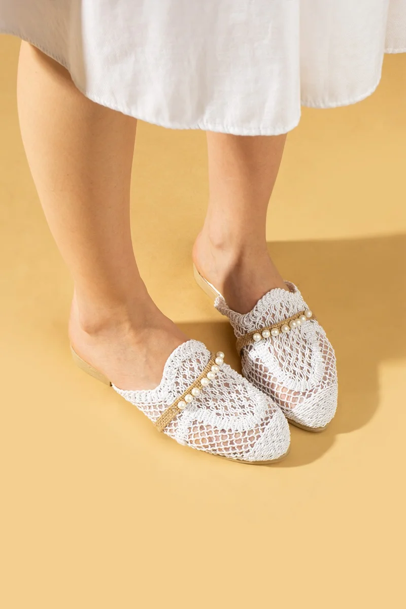 Pembe Potin Pink Potin Knitted Pattern Lace Pearl Stone Women's Slippers 001-3-24