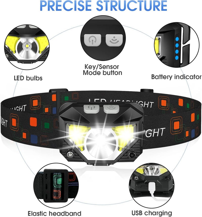 LHKNL Headlamp Flashlight, 1200 Lumen Ultra-Light Bright LED Rechargeable Headlight with White Red Light,2-Pack Waterproof Motion Sensor Head Lamp,8 Mode for Outdoor Camping Running Hiking Fishing - Image 2