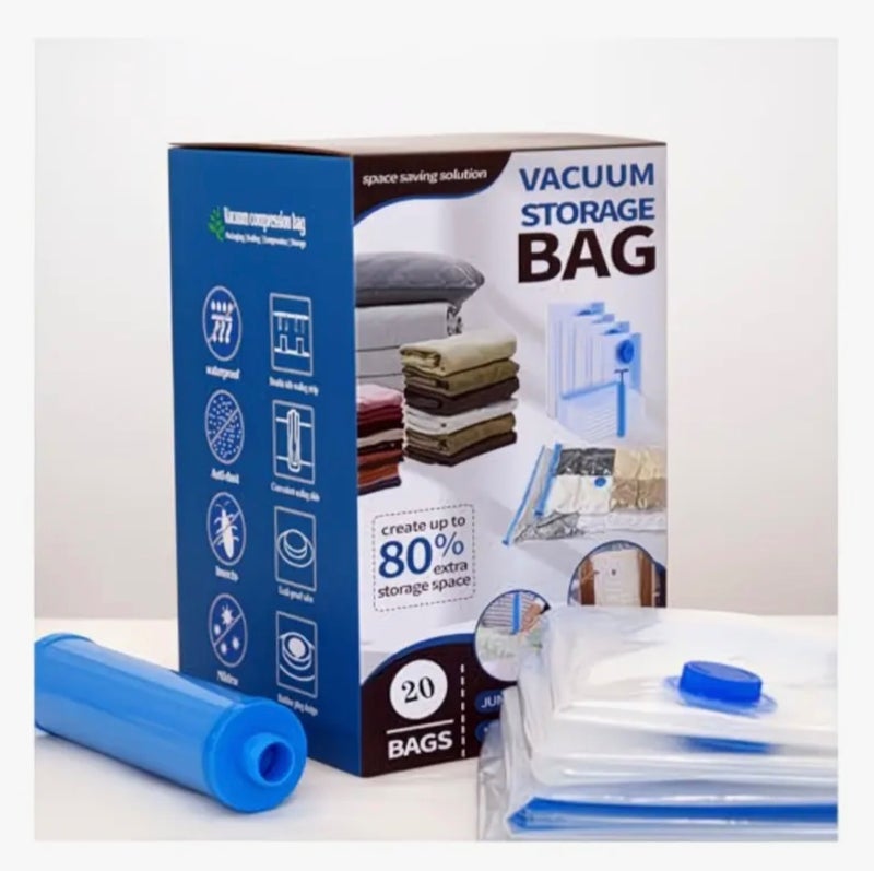 جست كواليتي 20قطعة من أكياس تخزين مفرغة من الهواء لتوفير المساحة تحتوي على 4 مقاسات 5 قطع بمقاس ( (100cmx80cm), 5 قطع بمقاس (80cmx60cm)، 5قطع بمقاس(70cmx50cm) 5قطع بمقاس (60cmx40cm). - Image 1
