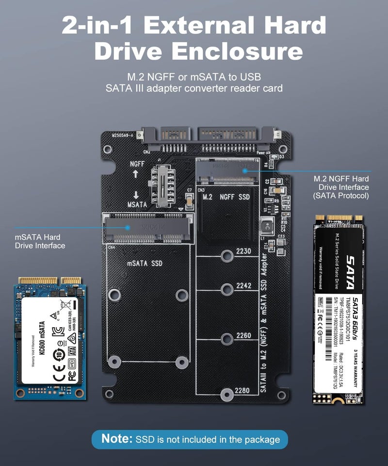 ETZIN M.2 NGFF or mSATA to SATA III Ada-pter, 2-in-1 M.2 to USB Adapter, NGFF or mSATA USB 3.0 Adap-TER Converter, Enclosure(USB SATA Adapter Included) EPL-1083HS - Image 2