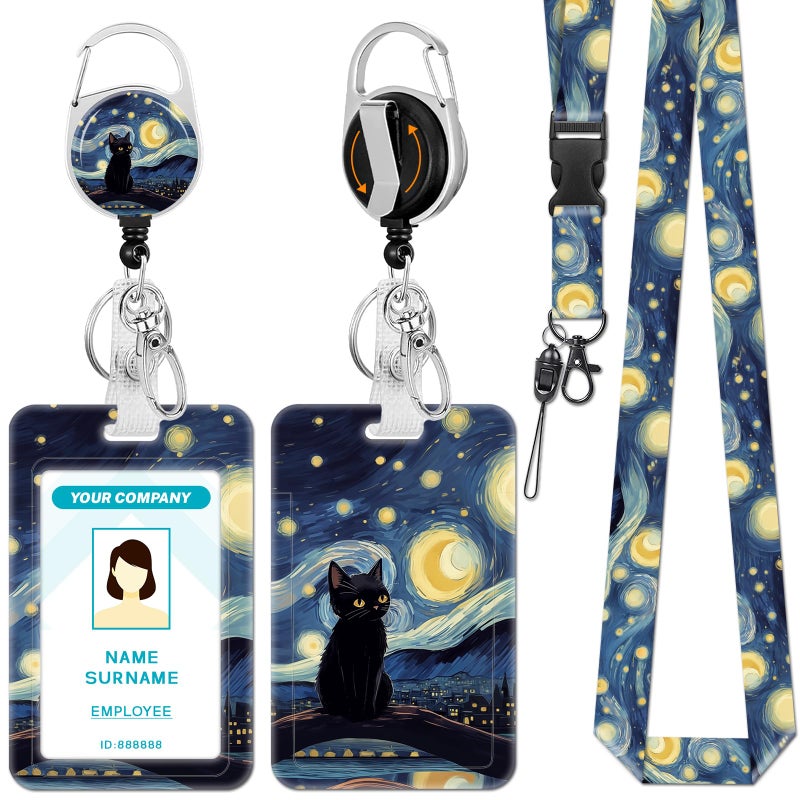 Hancynir Black Cat Lanyards for Id Badges, Starry Night Badge Holder with Retractable Reel Clip, Work Name Tags Keychain Lanyard with ID Holder, ID Card Protector for Women Teacher Nurse Doctor Office - Image 1
