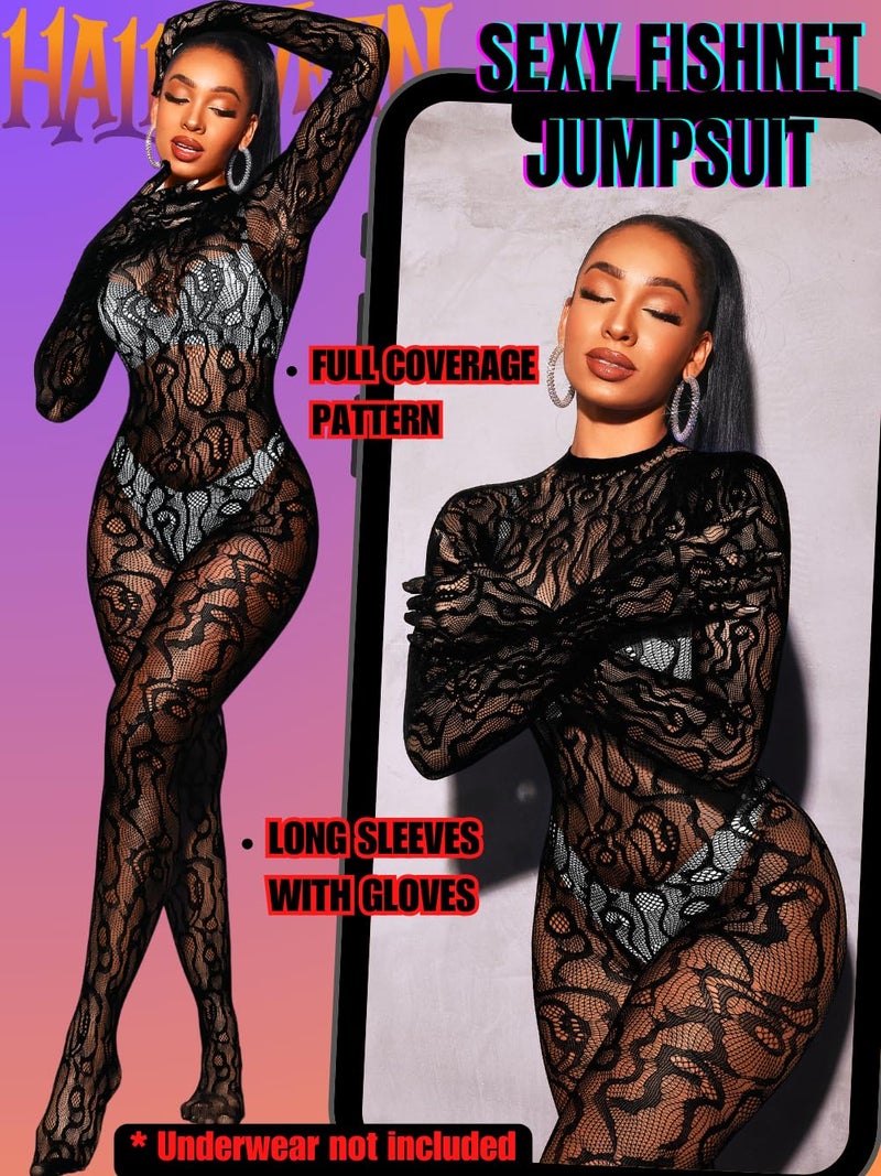 EHSUYAB Women Sexy Fishnet Full Bodysuit, Mesh Lace Poster Jumpsuit Glow Party Rave Outfits, Body Stockings Halloween Costume Black - Image 2