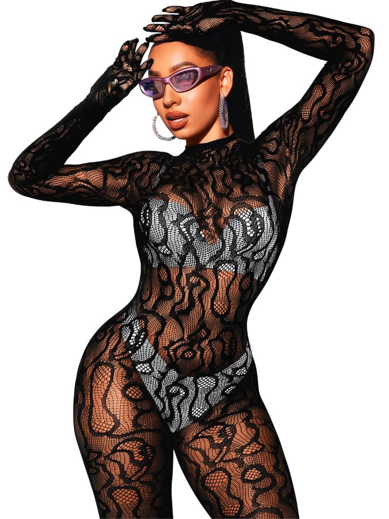 EHSUYAB Women Sexy Fishnet Full Bodysuit, Mesh Lace Poster Jumpsuit Glow Party Rave Outfits, Body Stockings Halloween Costume Black - Image 1