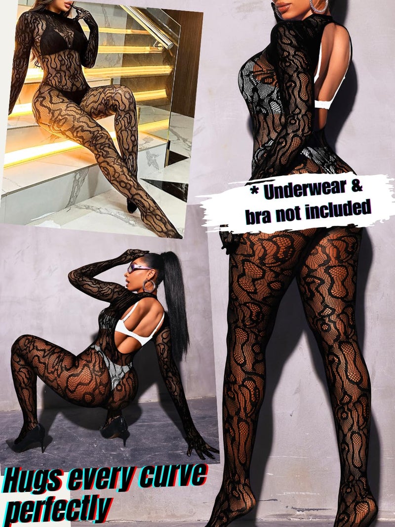 EHSUYAB Women Sexy Fishnet Full Bodysuit, Mesh Lace Poster Jumpsuit Glow Party Rave Outfits, Body Stockings Halloween Costume Black - Image 3