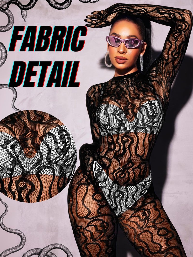EHSUYAB Women Sexy Fishnet Full Bodysuit, Mesh Lace Poster Jumpsuit Glow Party Rave Outfits, Body Stockings Halloween Costume Black - Image 5