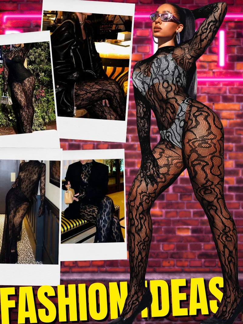 EHSUYAB Women Sexy Fishnet Full Bodysuit, Mesh Lace Poster Jumpsuit Glow Party Rave Outfits, Body Stockings Halloween Costume Black - Image 4