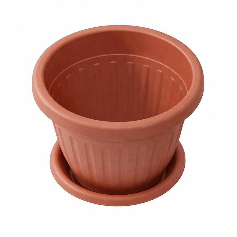 German Ribbed Planter Pot with Saucer 20cm Durable Waterproof Flower Pot Decorative Round Indoor Outdoor Garden Pot for Home Balcony Office Plants (1, Brown)
