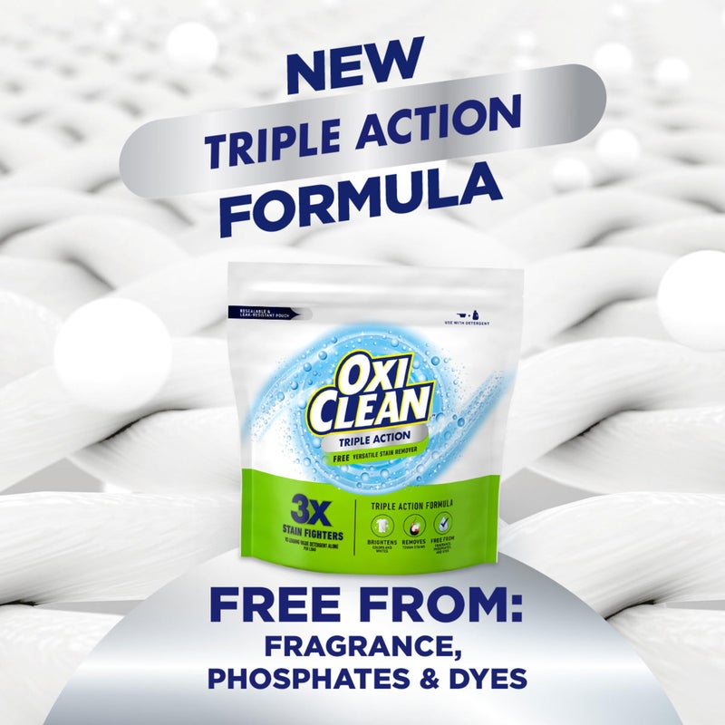 OxiClean Triple Action Free Versatile Stain Remover Powder, Use with Detergent, No Fragrance, No Dyes, No Phosphates, No Chlorine, Removes Stains, Brightens Colors and Whites, 4 lbs - Image 2