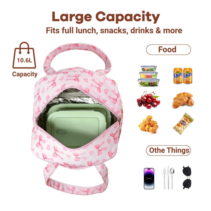 Yarnic Lunch Bag Women Insulated, Large Corduroy Lunch Box for Work with Bottle Pockets, Stylish Reusable Cooler Tote for Adults Teachers Picnic Travel (Pink Bow) - Image 3