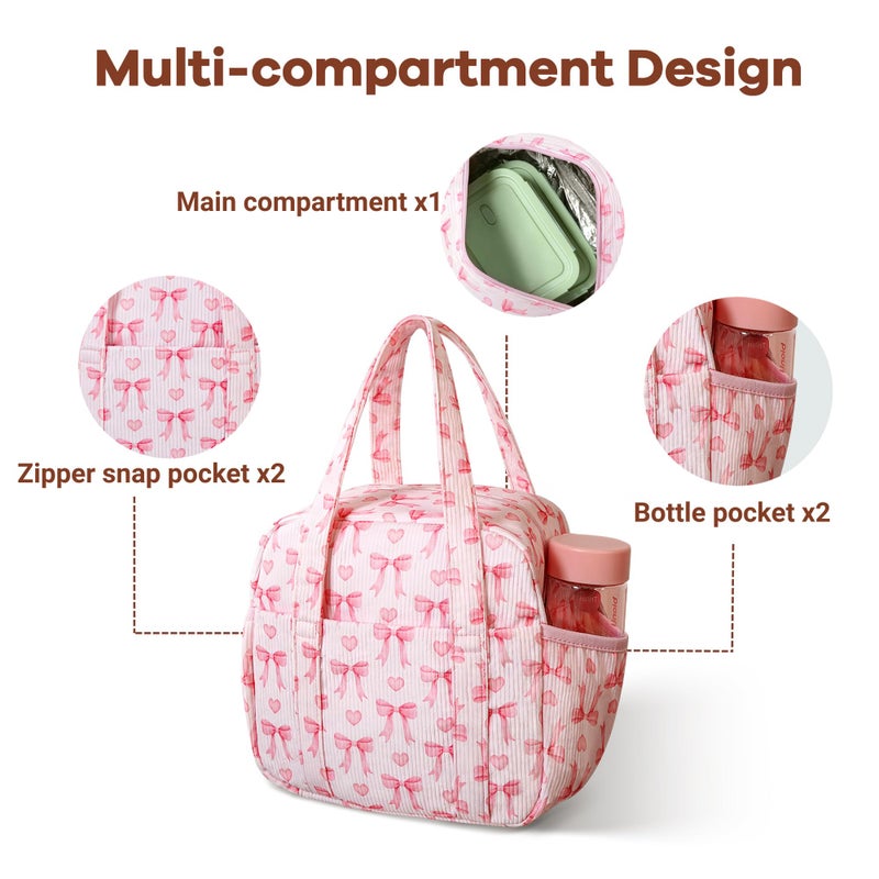 Yarnic Lunch Bag Women Insulated, Large Corduroy Lunch Box for Work with Bottle Pockets, Stylish Reusable Cooler Tote for Adults Teachers Picnic Travel (Pink Bow) - Image 4