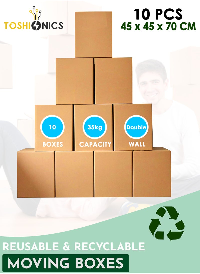 Toshionics 10 Pack Large Heavy Duty Double Wall 5 Ply Carton Box Cardboard Box for Moving Shipping Storage Size 70 X 45 X 45 cm Capacity 35 Kg Brown  - Image 1