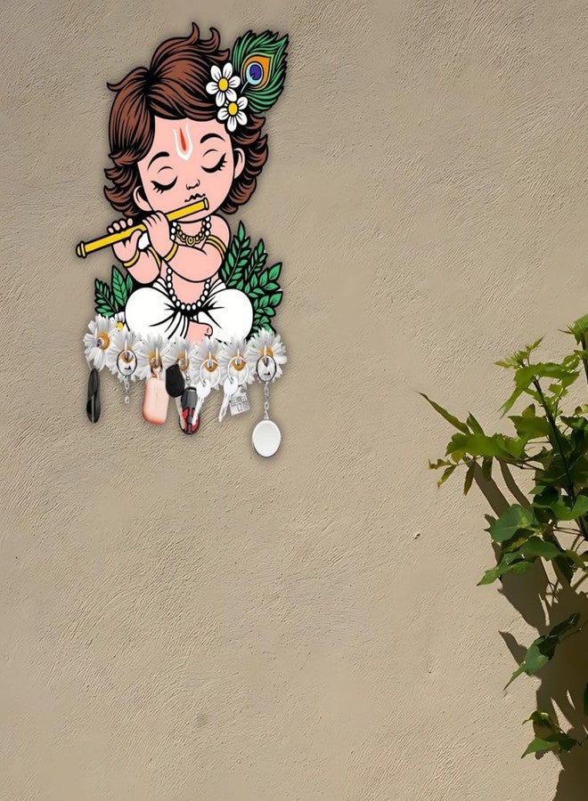 STASH HOUSE Set of 2 Decorative Lord Cute Krishna Playing Flute Key Holder Wall Mount, 7 Hooks Premium Wooden keyholder for Home/Office Decor/Key Hanger for Home Decor Red+White - Image 3