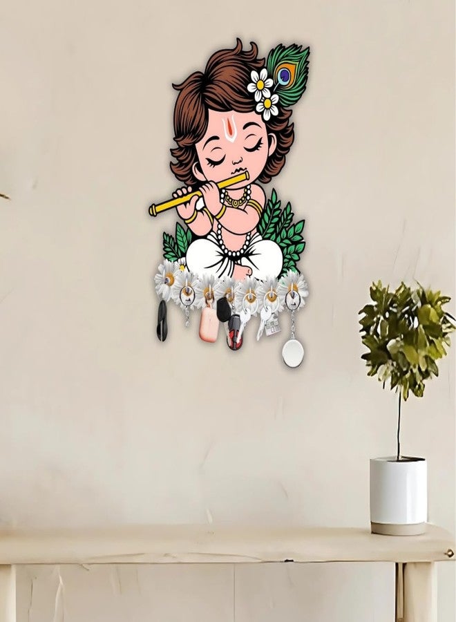 STASH HOUSE Set of 2 Decorative Lord Cute Krishna Playing Flute Key Holder Wall Mount, 7 Hooks Premium Wooden keyholder for Home/Office Decor/Key Hanger for Home Decor Red+White - Image 4