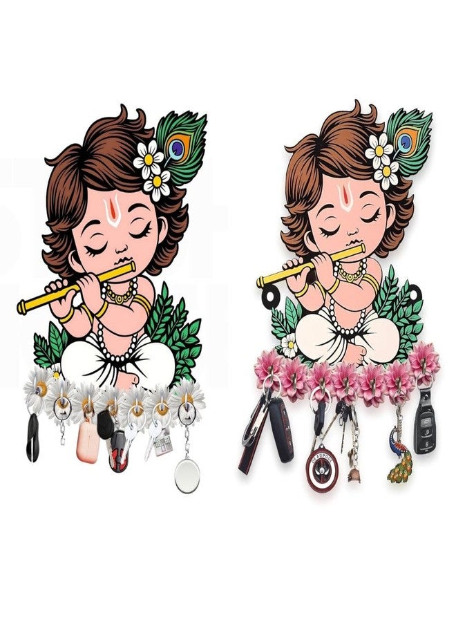 STASH HOUSE Set of 2 Decorative Lord Cute Krishna Playing Flute Key Holder Wall Mount, 7 Hooks Premium Wooden keyholder for Home/Office Decor/Key Hanger for Home Decor Red+White - Image 1