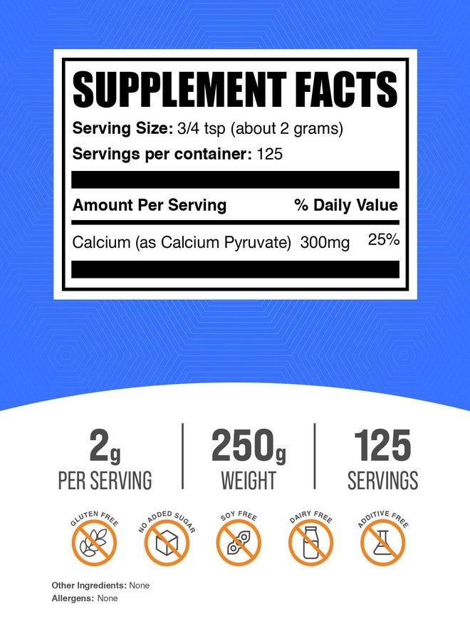 بالك سابلمنتس مسحوق بيروفات الكالسيوم من BulkSupplements.com - مكمل غذائي للكالسيوم، مكمل غذائي للبيروفات - بدون نكهة وخالي من الغلوتين، 2 غرام لكل حصة، 250 غرام (8.8 أونصة) (عبوة واحدة) - Image 2