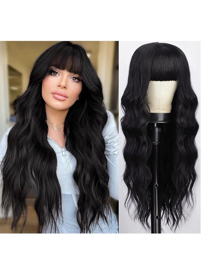 Bluejw Wig Hair European And American Wig Women's Long Curly Hair Big Wave Neat Bangs Black Mechanism Chemical Fiber Headgear Wigs - Image 1