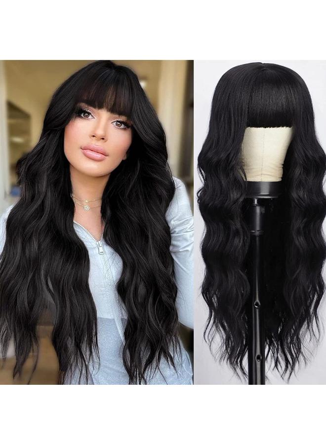 Bluejw Wig Hair European And American Wig Women's Long Curly Hair Big Wave Neat Bangs Black Mechanism Chemical Fiber Headgear Wigs - Image 2