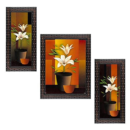 Indianara Set of 3 Flowers in Vases Framed Art Painting (0971GB) without glass 6 X 13, 10.2 X 13, 6 X 13 INCH - Image 1