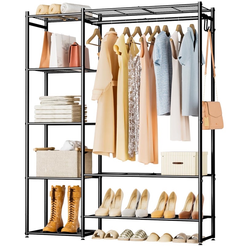 Wardrobe Closet Portable Clothing Rack for Hanging Clothes Free Standing Closet Organizers and Storage System with 4 Tiers Shelves for Cloakroom Bedroom Black