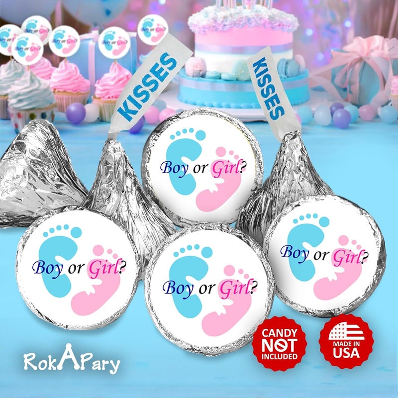 Creativity Labels 324 Gender Reveal Footprints Kisses Labels for Baby Shower Or Baby Sprinkle Party Or Event Decorations, Boy or Girl Stickers, Wrappers, Favors (Pink, Blue) Made in USA - Image 2