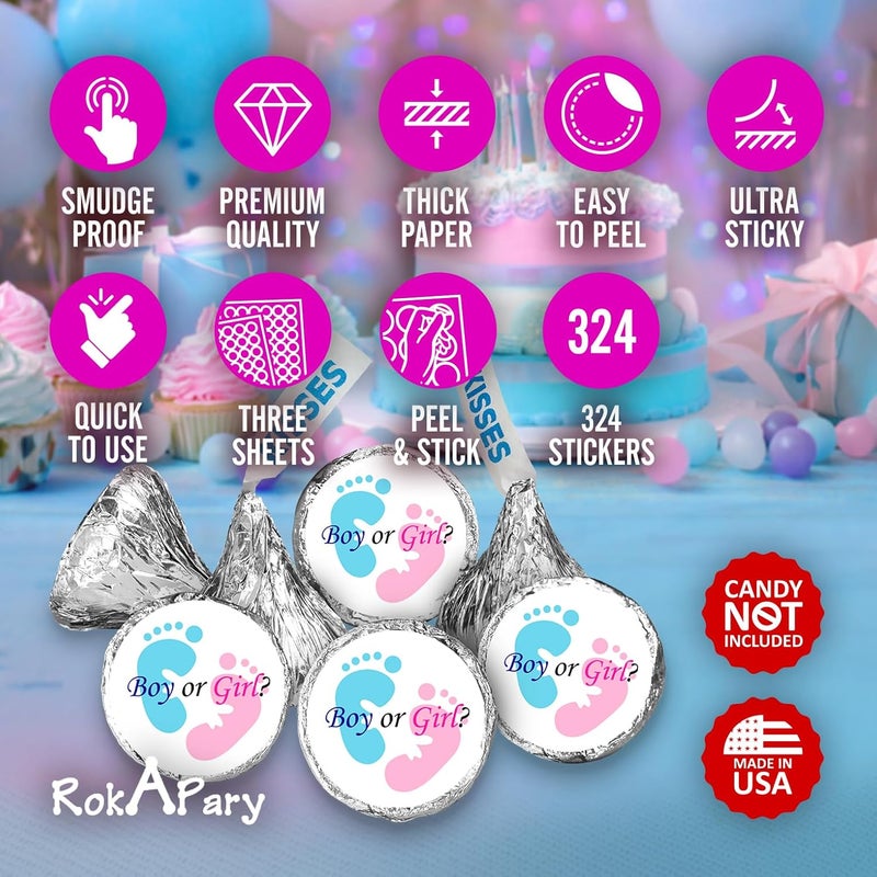 Creativity Labels 324 Gender Reveal Footprints Kisses Labels for Baby Shower Or Baby Sprinkle Party Or Event Decorations, Boy or Girl Stickers, Wrappers, Favors (Pink, Blue) Made in USA - Image 3