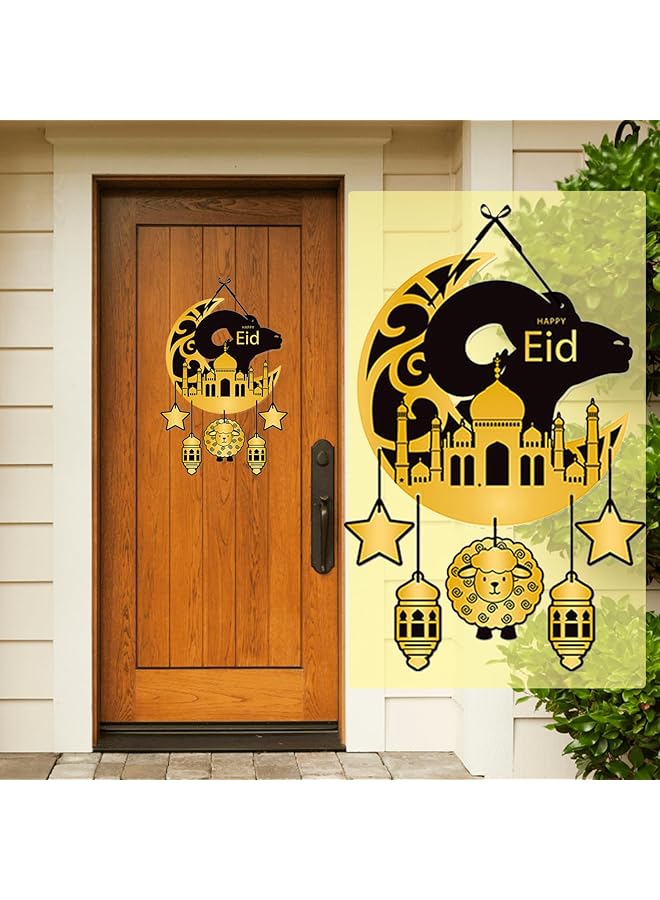 إيروريكس لافتة باب رمضان كريم، ديكورات رمضان مبارك للديكور المنزلي، زينة خشبية معلقة، لوحة خشبية على شكل قمر عيد مبارك، فانوس معلق للباب والجدار الإسلامي 2 - Image 1