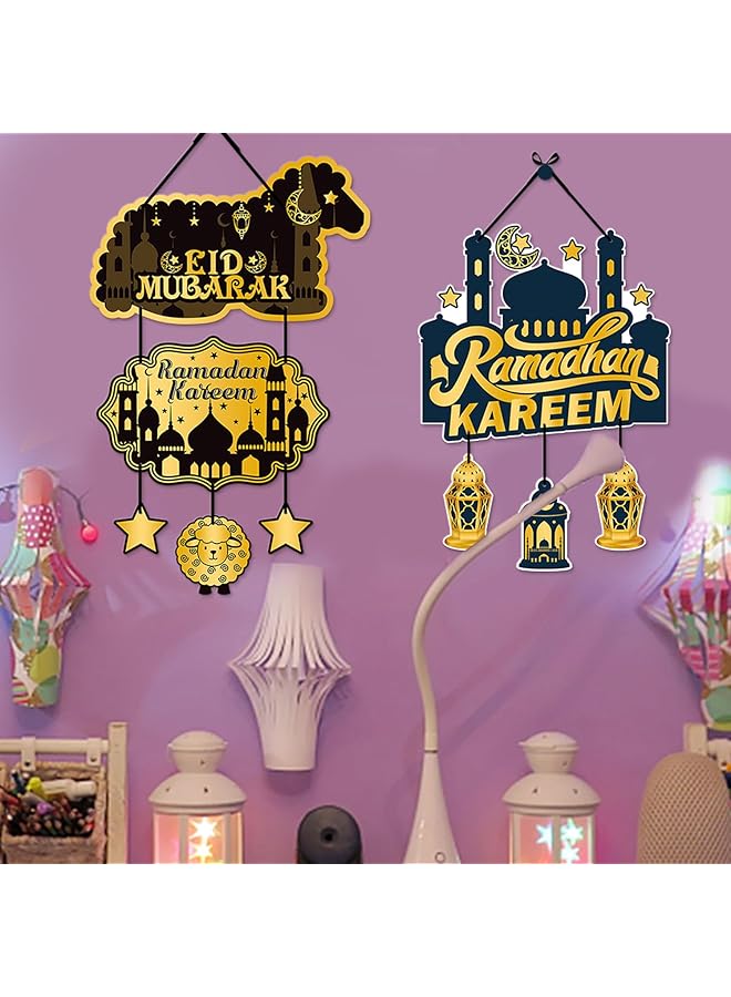 إيروريكس لافتة باب رمضان كريم، ديكورات رمضان مبارك للديكور المنزلي، زينة خشبية معلقة، لوحة خشبية على شكل قمر عيد مبارك، فانوس معلق للباب والجدار الإسلامي 2 - Image 5