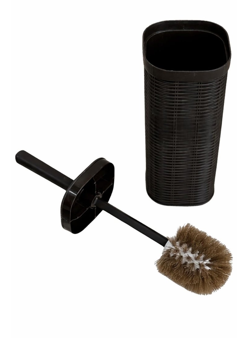 فرشاة تنظيف المرحاض مع حامل، مقاومة للصدأ والتسريب والروائح، بتصميم منسوج من الخيزران البلاستيكي، لون بني داكن، فرشاة تنظيف المرحاض مع غطاء، منظف صحي للمرحاض، تنظيف عميق، مقبض طويل - Image 1