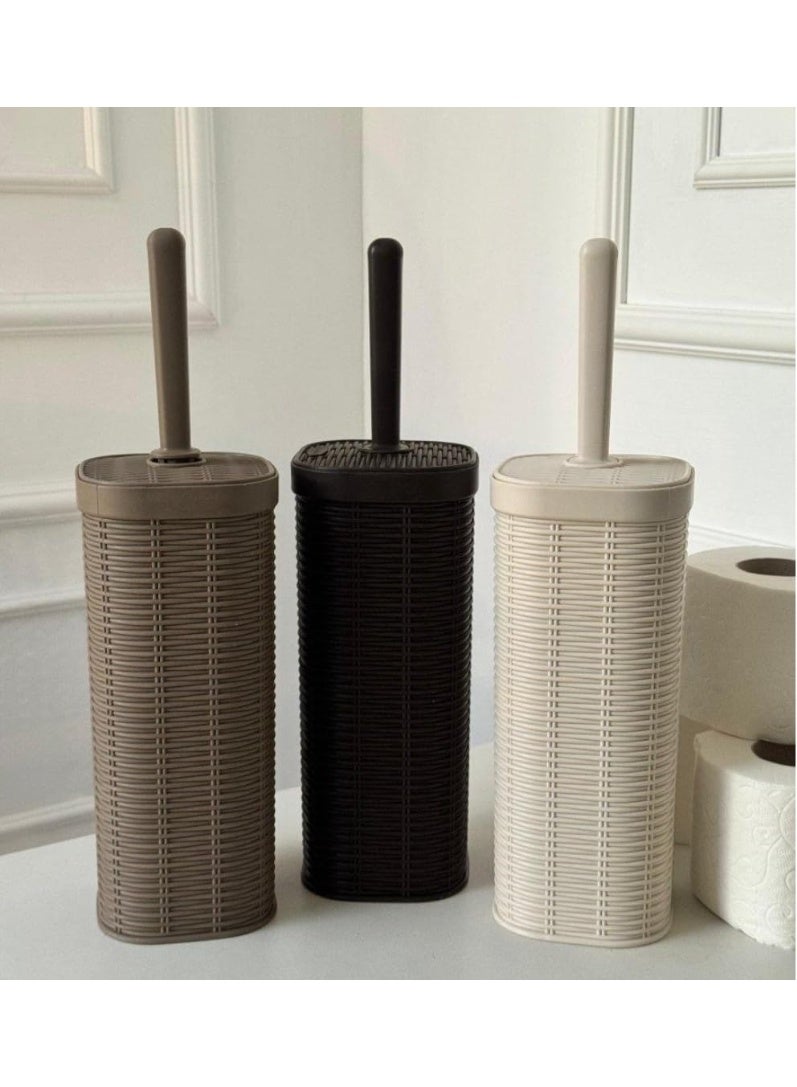 فرشاة تنظيف المرحاض مع حامل، مقاومة للصدأ والتسريب والروائح، بتصميم منسوج من الخيزران البلاستيكي، لون بني داكن، فرشاة تنظيف المرحاض مع غطاء، منظف صحي للمرحاض، تنظيف عميق، مقبض طويل - Image 2