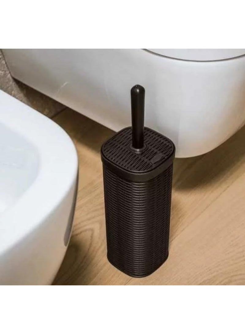فرشاة تنظيف المرحاض مع حامل، مقاومة للصدأ والتسريب والروائح، بتصميم منسوج من الخيزران البلاستيكي، لون بني داكن، فرشاة تنظيف المرحاض مع غطاء، منظف صحي للمرحاض، تنظيف عميق، مقبض طويل - Image 4