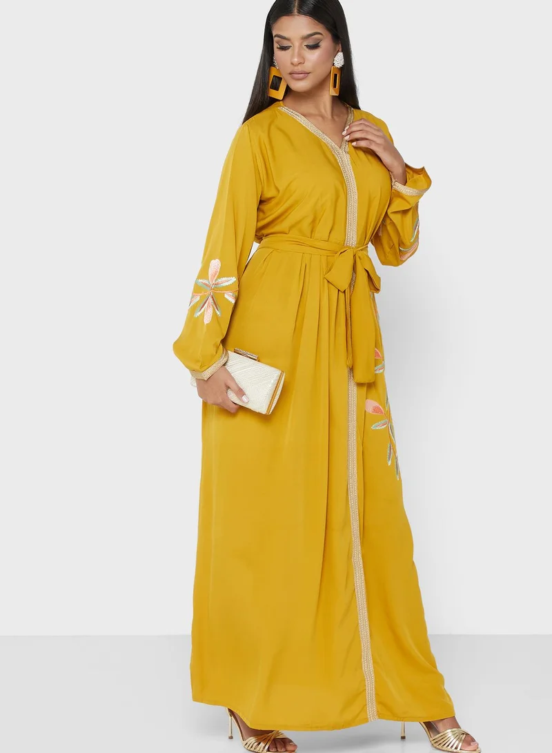 hayas closet Floral Embroidered Belted Embroidered Dress