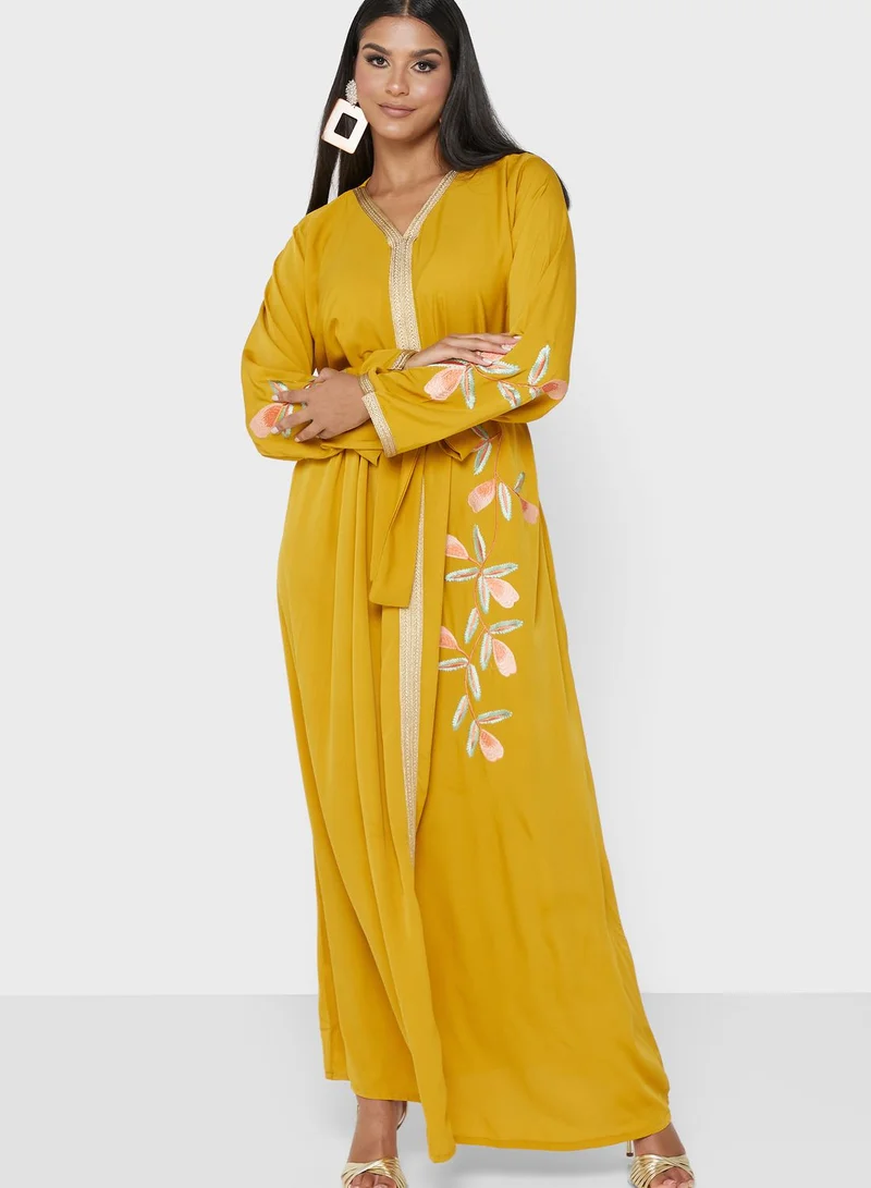 hayas closet Floral Embroidered Belted Embroidered Dress