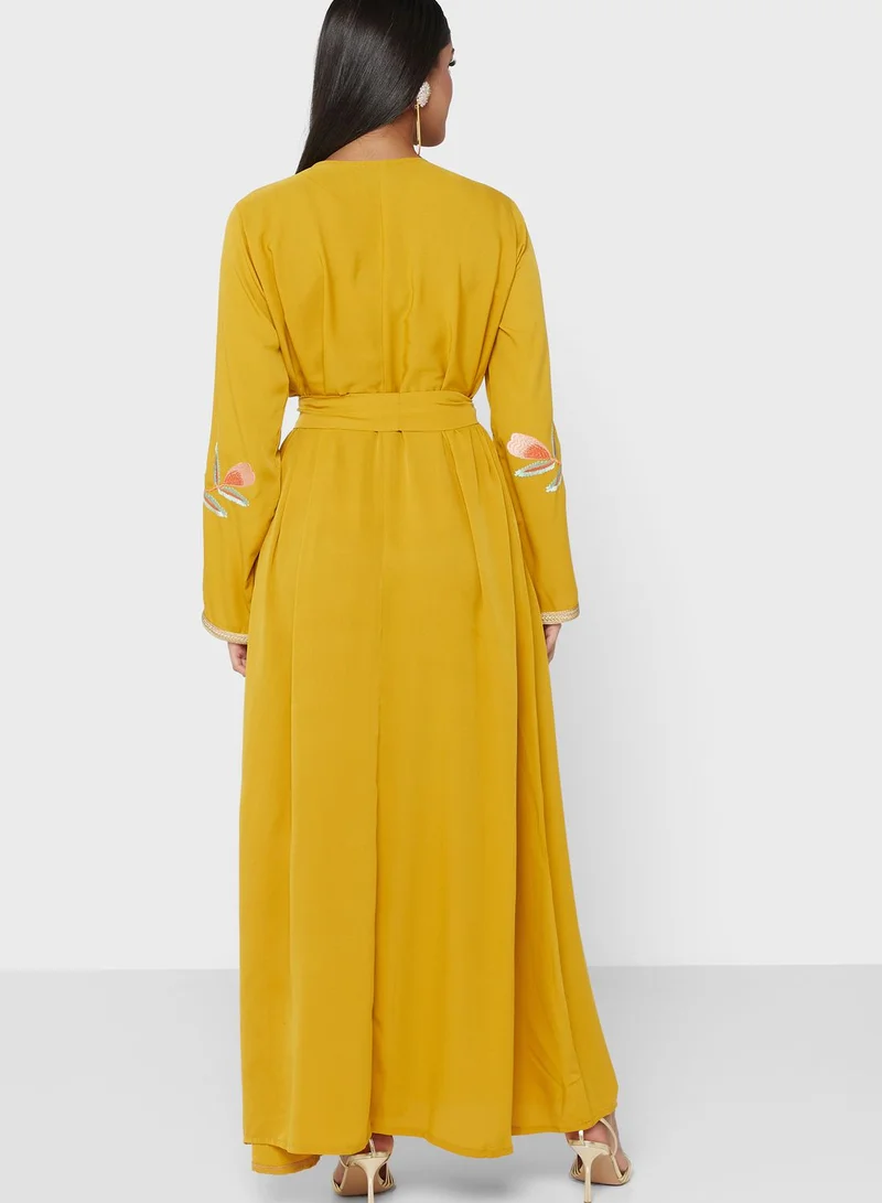 hayas closet Floral Embroidered Belted Embroidered Dress