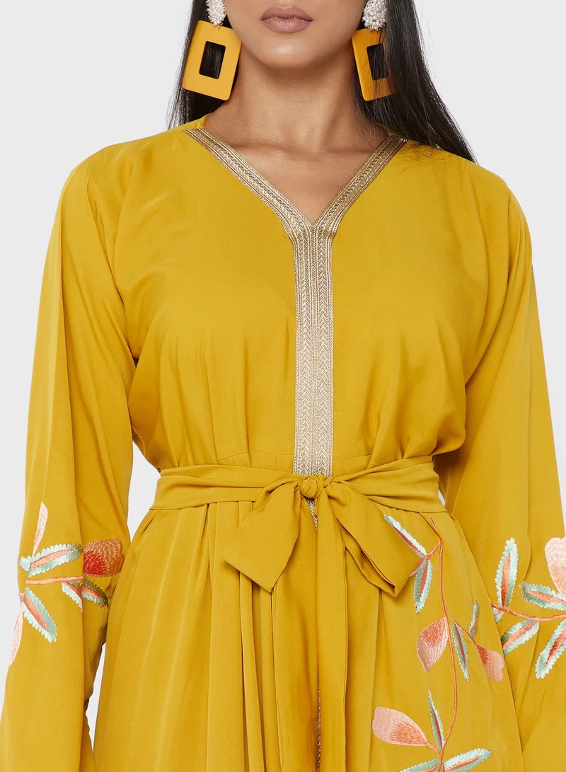 hayas closet Floral Embroidered Belted Embroidered Dress