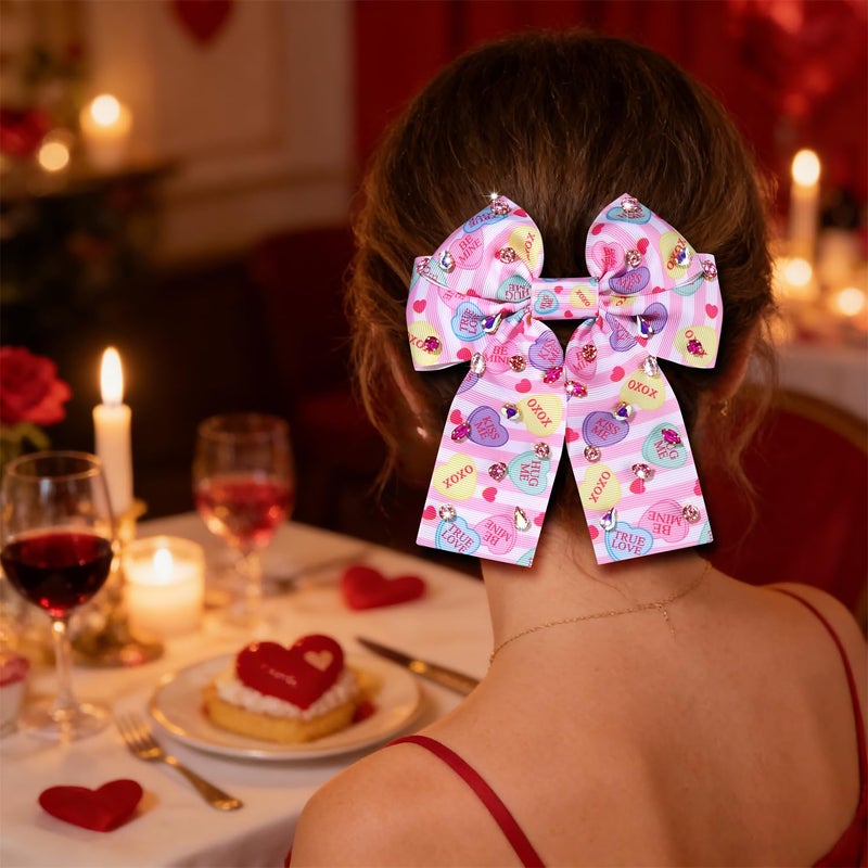 BVGA Valentines Hair Bow Clips Pink Jeweled Crystal Conversation Candy Heart Velvet Bow Hair Clip Barrettes Valentines Hair Accessories Gifts for Her (Candy Heart 3) - Image 2