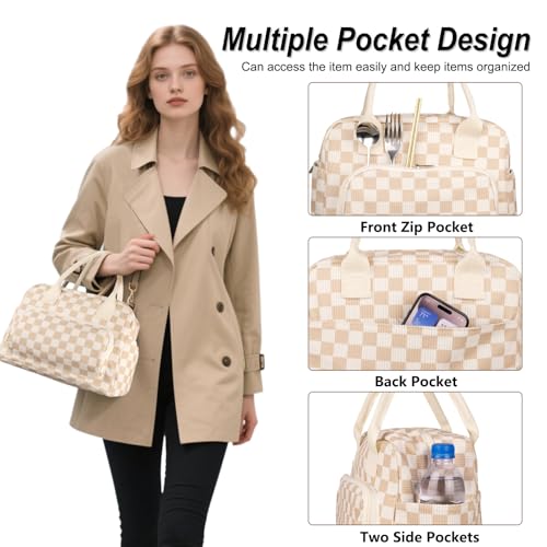FITDON Insulated Lunch Bag for Women Men, Large Lunch Box Container Leakproof Corduroy Cooler Bag Lunch Tote Bag for Work Picnic, Light Checkerboard - Image 4